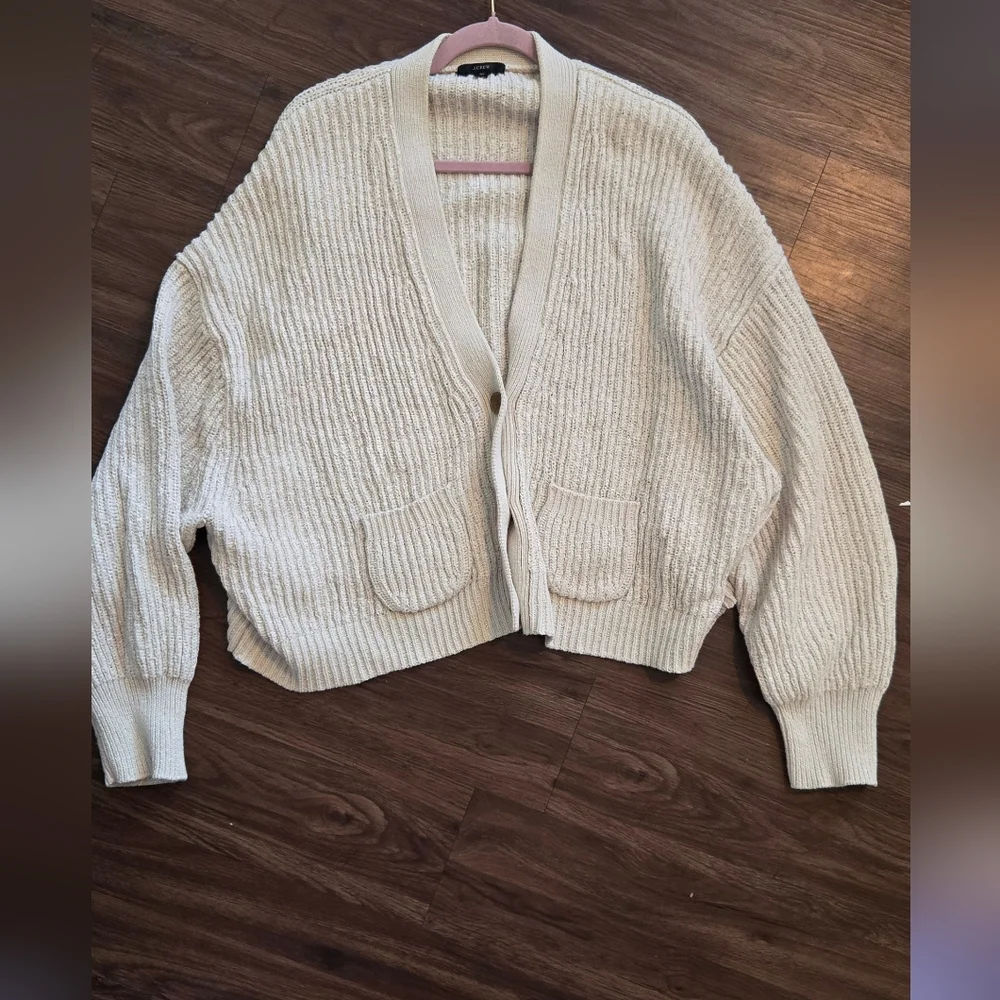 J.Crew Cropped Patch-Pocket Beach Cardigan Sweater 3X Cream Chunky Knit#0010 - Picture 2 of 8